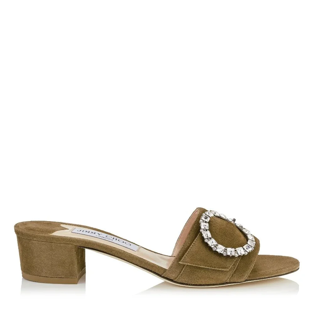 Jimmy Choo $700 Granger 35 Embellished Suede Sandals Green Brown 40